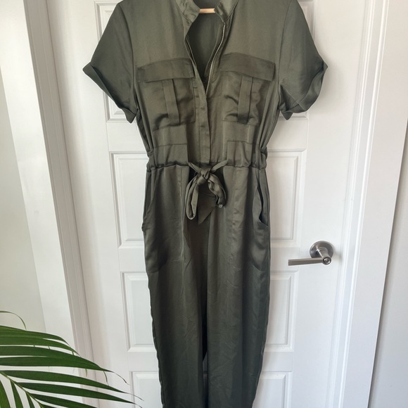 Glamorous Khaki Satin Utility Jumpsuit - Picture 2 of 5